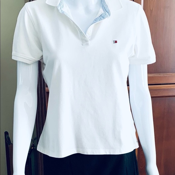 Tommy Hilfiger white cotton polo t-shirt logo blue & white striped collar lining - Picture 11 of 12